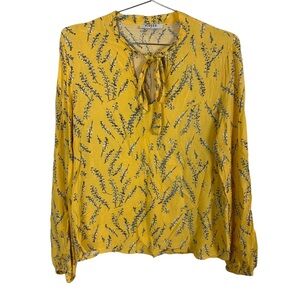 Pieces Yellow Floral Bohemian Neck Tie Long Sleeve Blouse